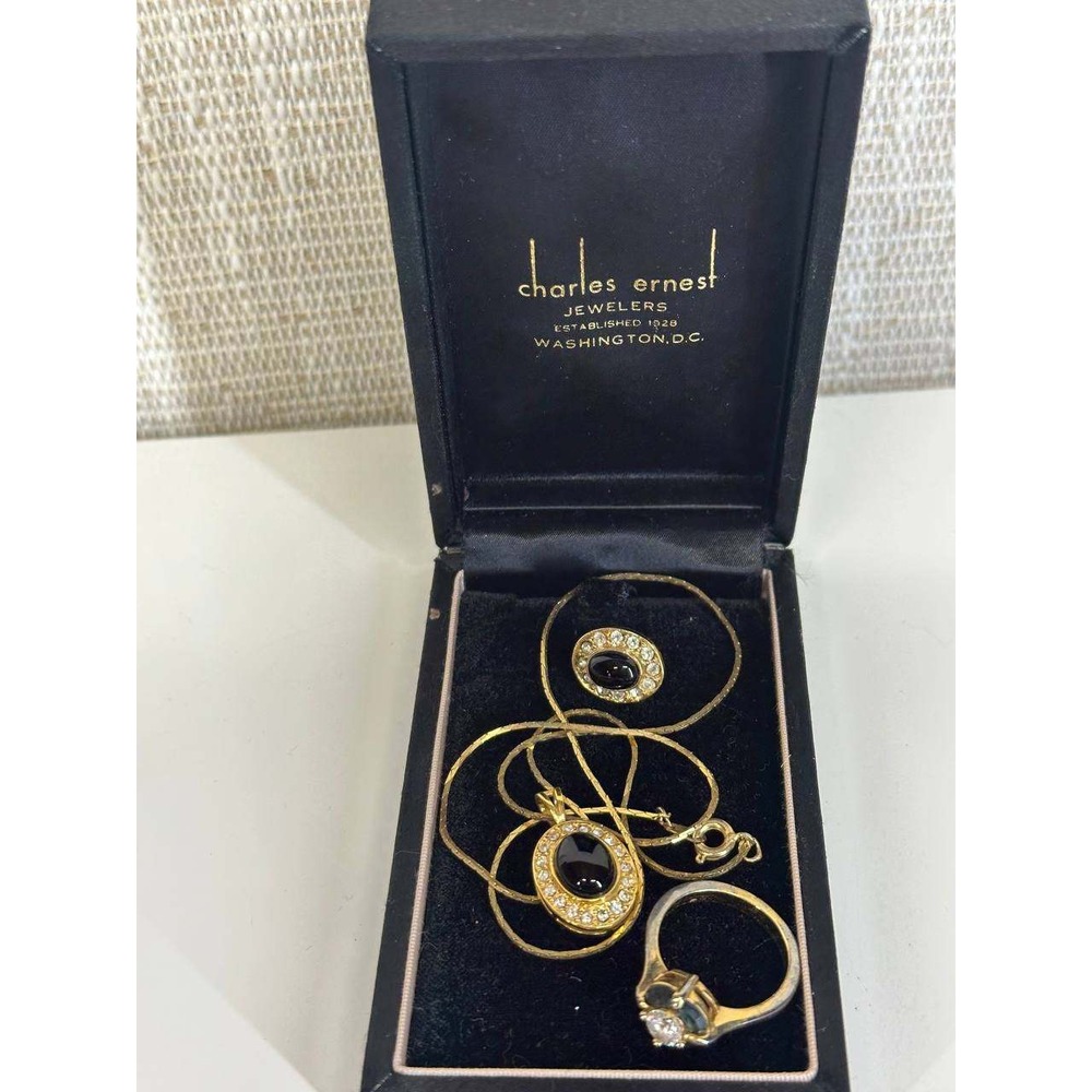Vintage Gold Tone Black Cabochon Necklace Earring‎ & Ring Set Box 056 (10)